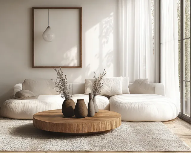 Blank framed artwork above a wooden coffee table in a minimalist living room with a neutral sofa and sunlit sheer curtains.