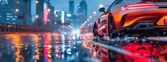 Blue luxury SUV speeding at night on a highway with blurred city skyline lights reflected on wet asphalt.