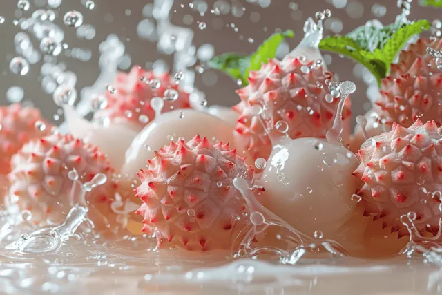 Fresh lychee fruits float and splash in clear water with pink and white droplet accents on a pastel background.