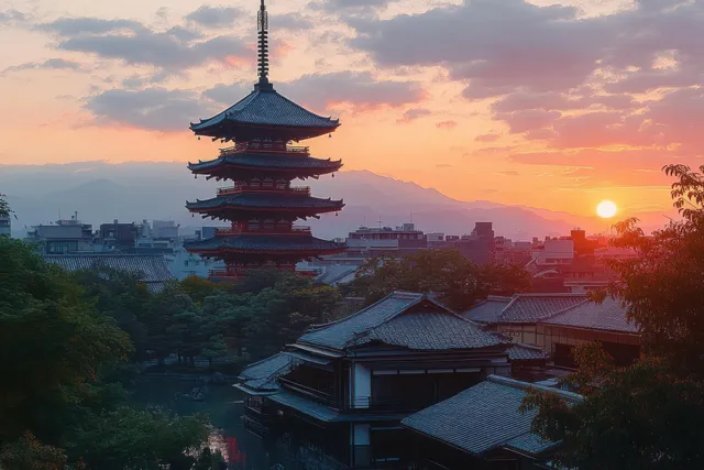 A Kyoto pagoda silhouette rises above rooftops during sunset with a glowing sun behind distant hills.