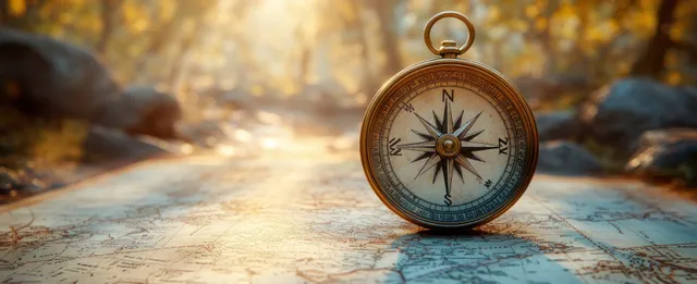 Antique compass centered on aged map with sunlit forest path background blur