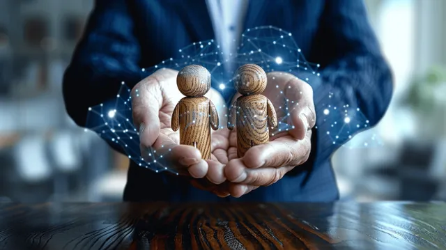 A businessman holds wooden human-resource figurines on a table with a glowing data overlay.