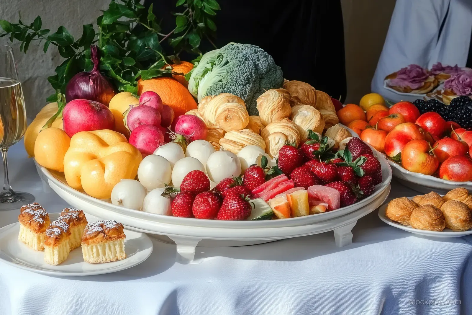 A large platter piled with strawberries, radishes, apples, oranges, broccoli, and pastries on a white tablecloth.
