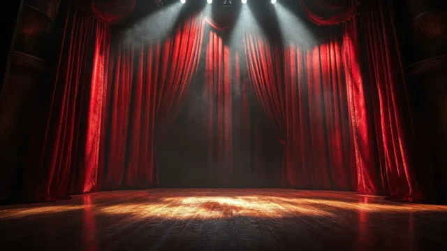 Theater stage with red velvet curtains and a spotlight illuminating an empty golden floor