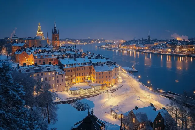 Snowy riverfront cityscape at blue hour, warm windows glowing along calm water