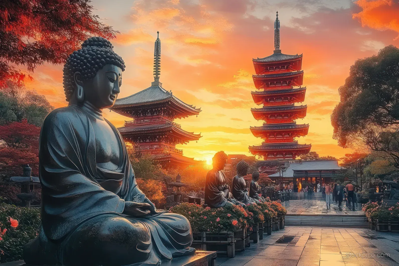 A bronze Buddha statue overlooks an Asakusa temple walkway with pagoda towers and a glowing sunset sky behind.