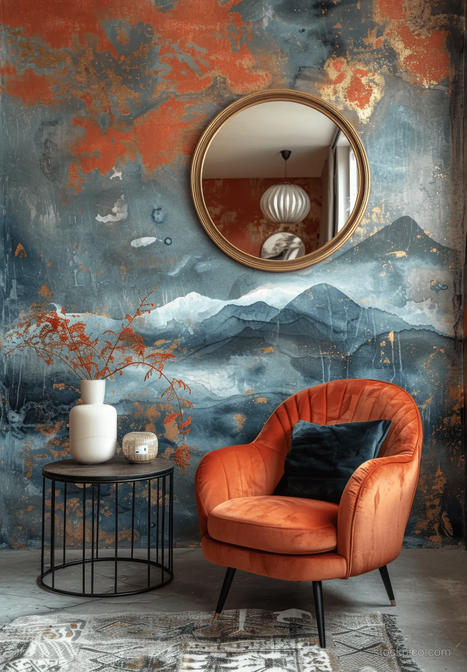 Coral velvet armchair near a round mirror and metal side table, set against an abstract mountain wall mural.