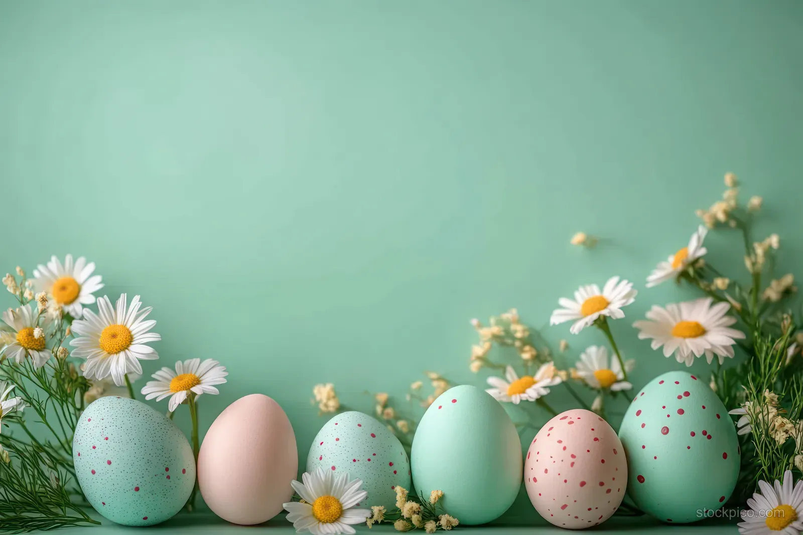 Pastel speckled eggs with white daisies and green leaves arranged along a teal background.
