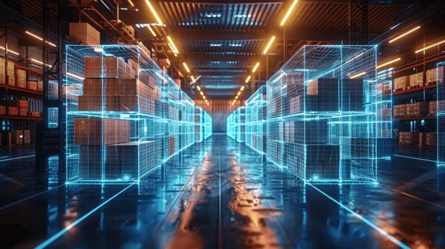 A warehouse corridor shows glowing holographic inventory grids and digital package outlines guided by drones.