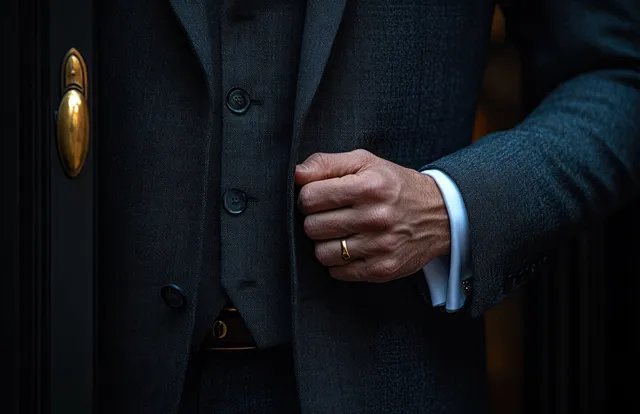 A suited businessman knocks on a black door, with his hand gripping the knocker.