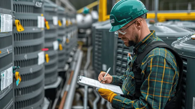 A hard-hat technician writes inspection notes on a clipboard beside industrial air conditioning units on a rooftop.