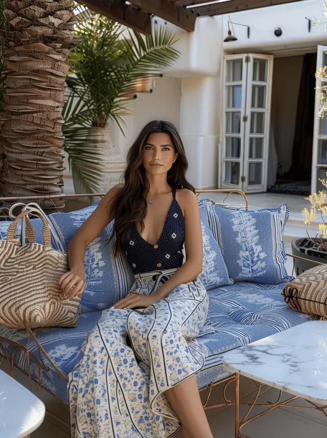Woman in dark hair wearing summer dress seated on terrace beside blue patterned sofas