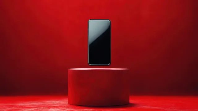 A black smartphone stands upright on a round red pedestal against a vibrant red background.