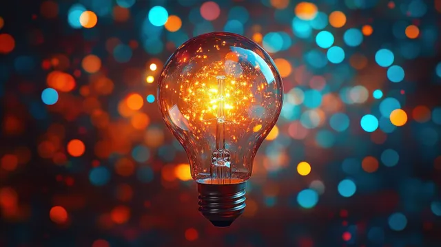 A glowing light bulb with sparkling light patterns floats against a colorful bokeh background.