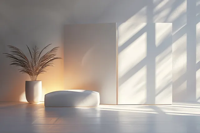 Sunlight casts sharp shadows across white geometric panels in a minimalist room with a neutral chair and vase.