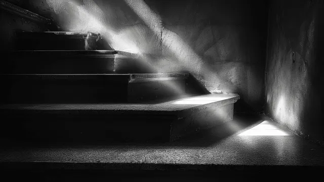 Monochrome staircase with concrete steps as sunlight beams cast sharp shadows down the corridor.