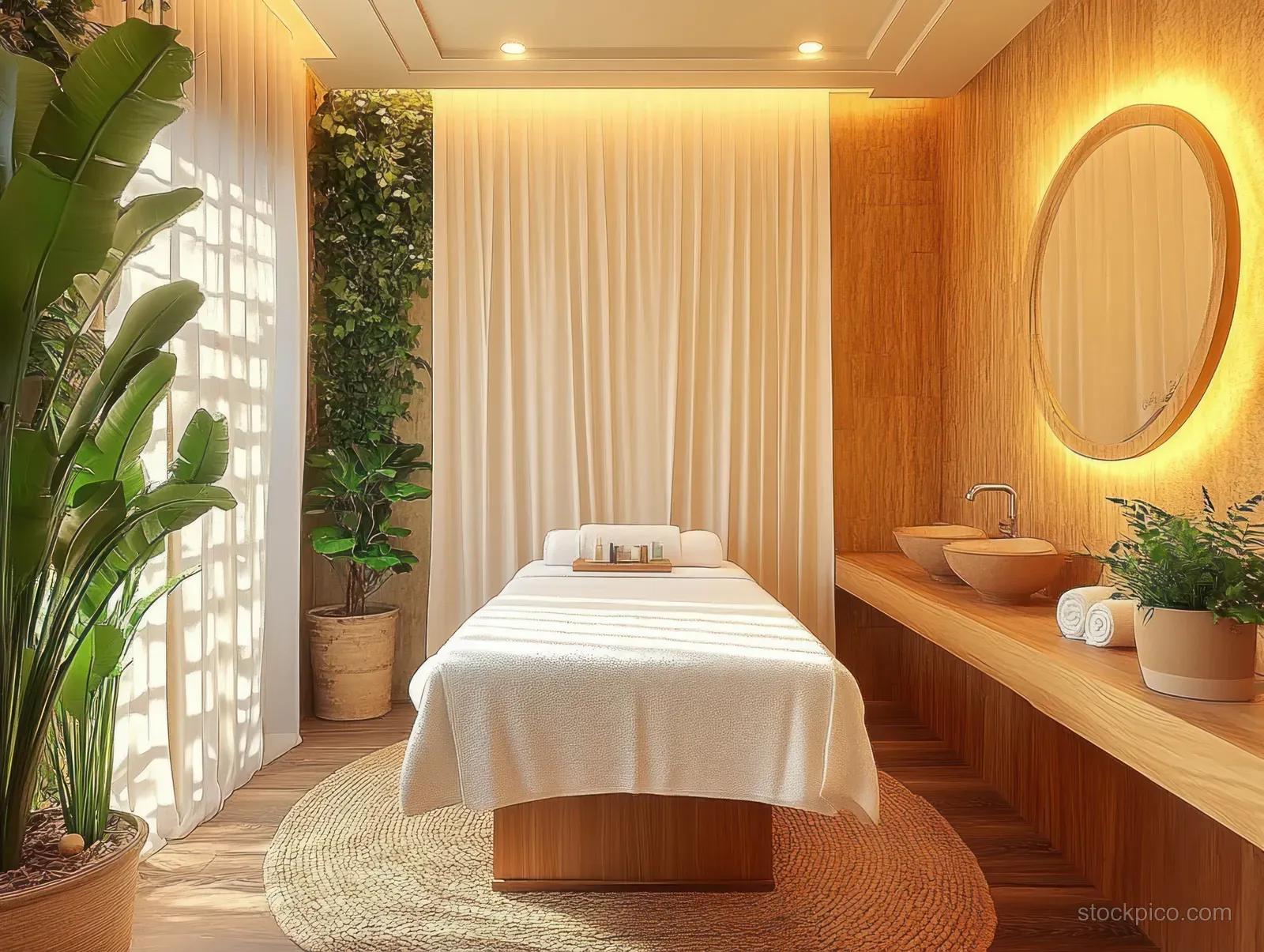 Massage table with folded towel and oil bottles in a spa room with plants, wood paneling, and a glowing round mirror.
