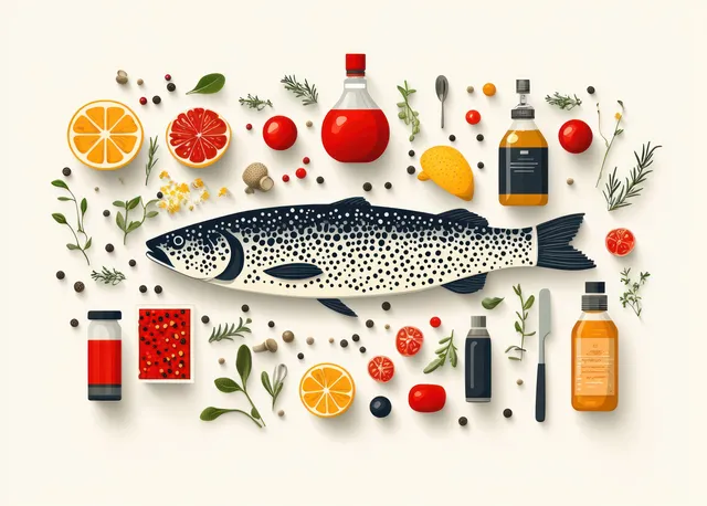 Fish, fruits, herbs, and bottles surround expiration date and storage icons on a pale background.