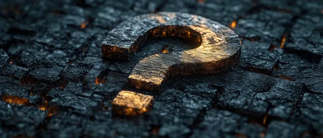 Golden question mark emerging from stacked black question marks on dark concrete texture