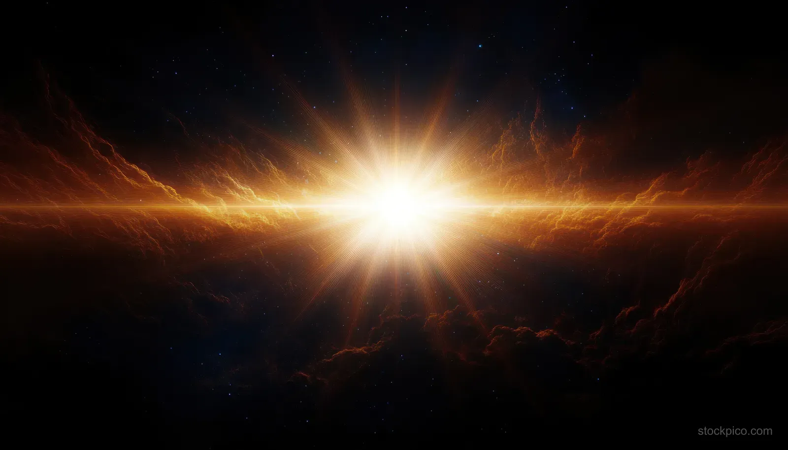 A bright starburst sends golden light beams outward across a dark space background with faint cosmic haze.