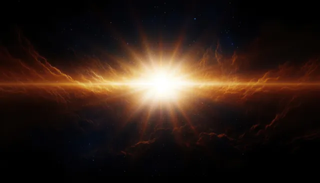 Bright star explodes into golden light beams across a dark cosmic void at night