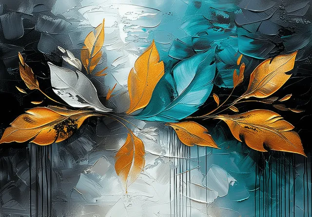 Gold and silver leaves float over a grey-black teal textured abstract mural with metallic highlights.
