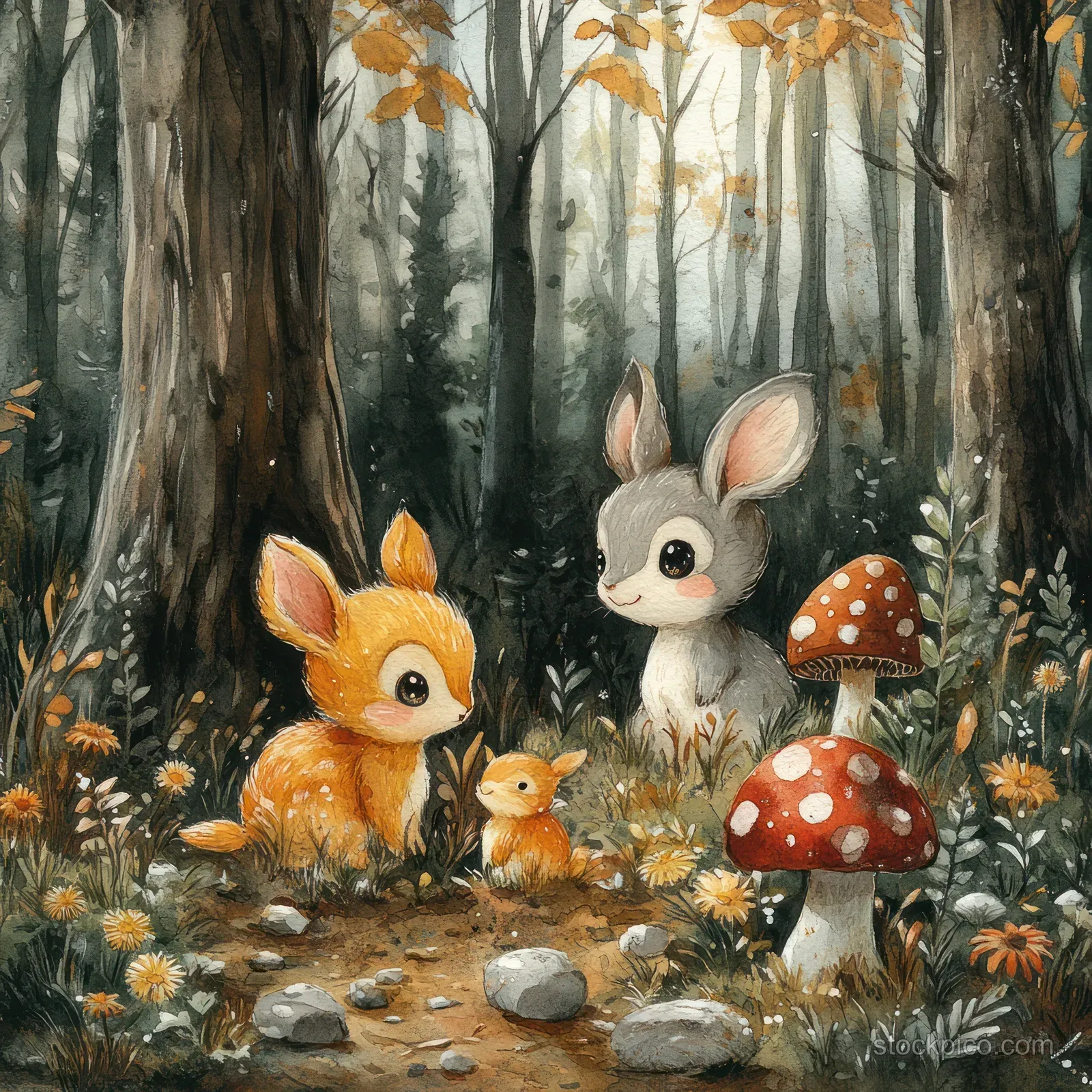 Watercolor woodland rabbits and a fawn beside red mushrooms in a misty forest.