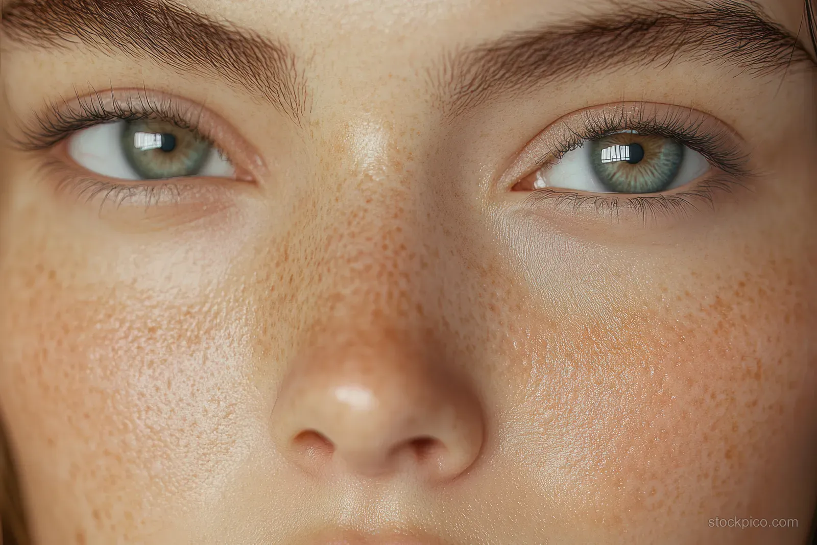Close-up split image of a face showing before and after skin treatment with freckles and pore texture.