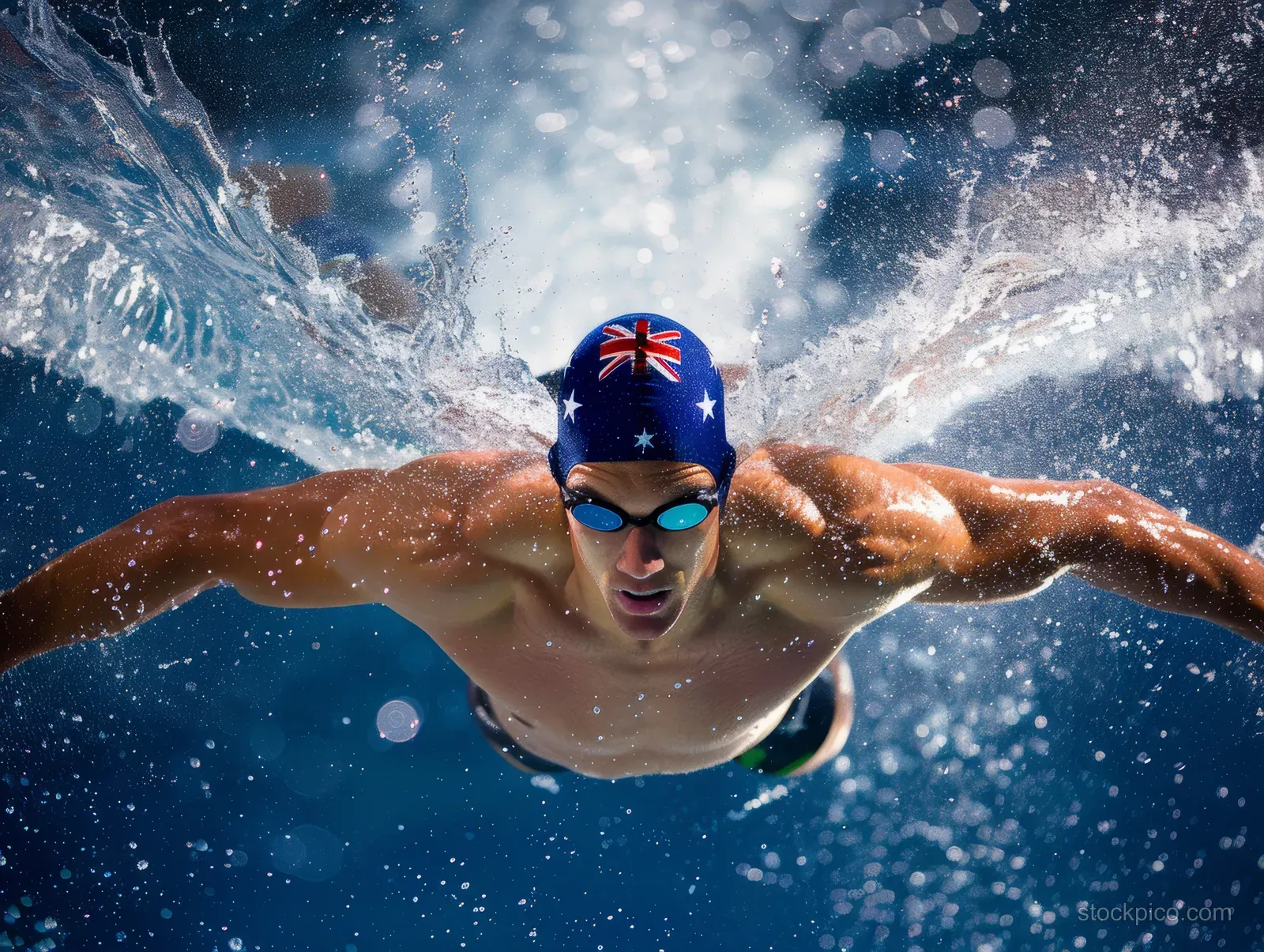 Male swimmer in butterfly stroke splashes through water in a pool while wearing an Australian flag swim cap.