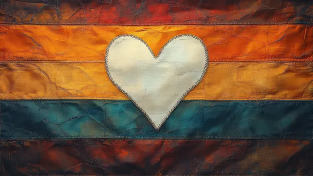 Textured striped fabric with a stitched white heart centered over dark red, orange, yellow, teal, and dark blue bands.