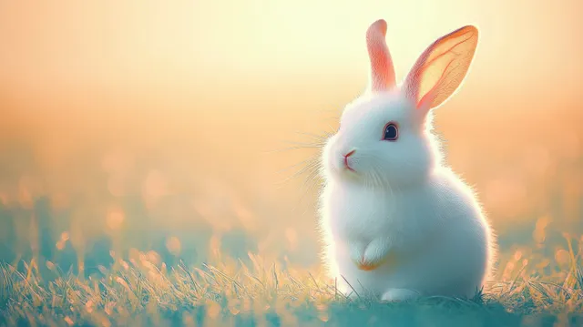 A fluffy white rabbit sits on green grass at sunrise under warm golden light.
