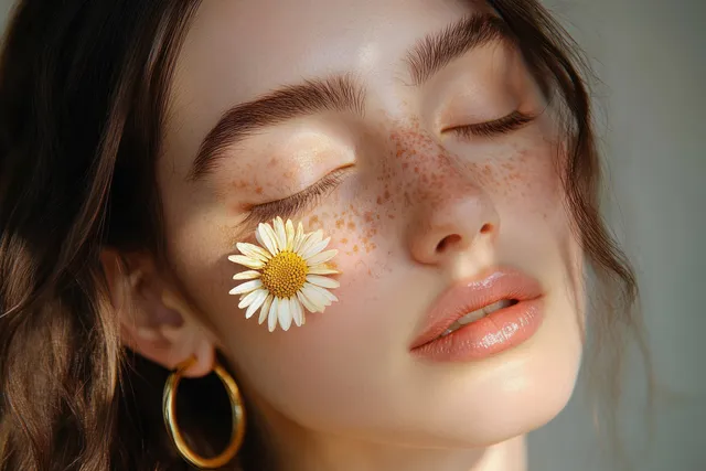 Serene woman with closed eyes, freckles, glossy lips, and a daisy on her cheek wearing a gold hoop earring.
