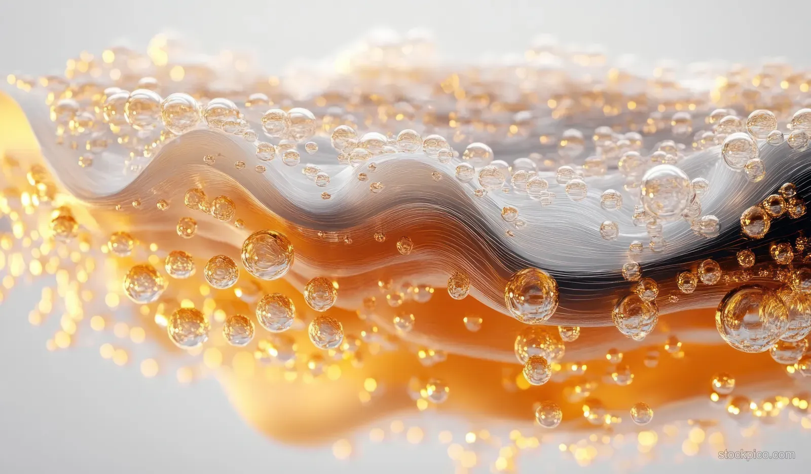 3D skin layer cross-section with collagen strands and glowing vitamin particles surrounded by glossy liquid droplets.