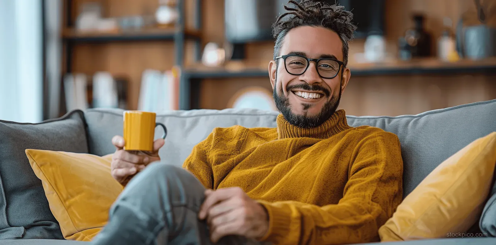 Smiling man on a sofa holds a credit card and uses a mobile phone while seated in a cozy living room.