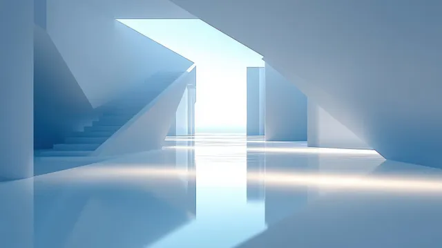 Minimalist interior scene with reflective floor, geometric walls, open staircase, and bright daylight reflections.