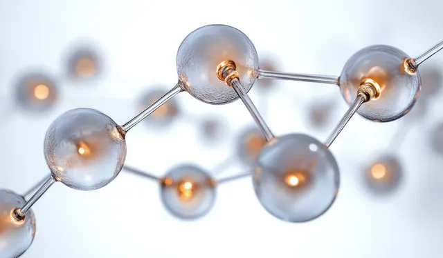 A connected 3D molecular model of glowing glass spheres floats in soft laboratory light.