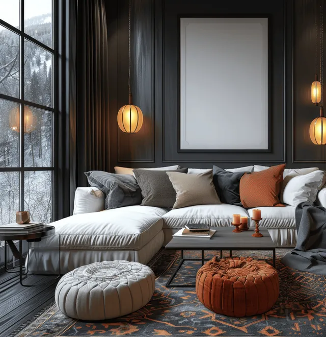 Dark living room interior with a white sofa, black curtains, and warm pendant lights over cushions.