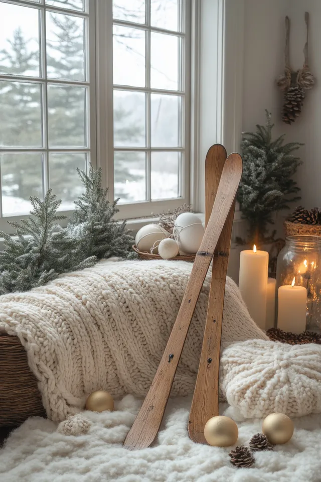 Vintage wooden skis lean near a bright window with candles and wool blankets in a cozy winter living room.