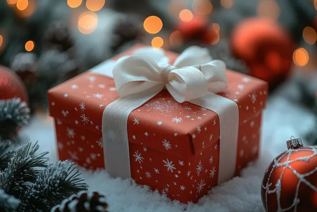 Cozy holiday gift box with white ribbon and pine cone on soft snowy surface