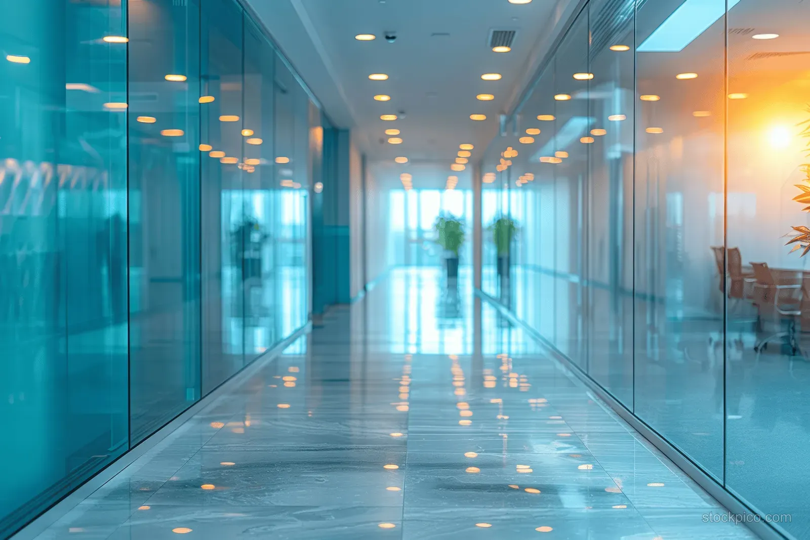 Blurred office hallway with glass partitions, glowing ceiling lights, and bright panoramic window light.