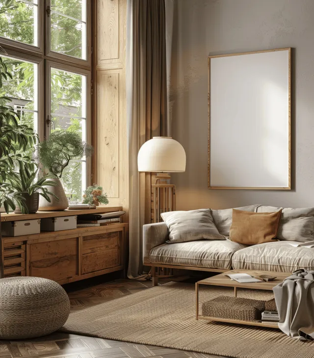 Beige living room with wooden sideboard, sofa, lamp, potted plant, and a blank poster frame on the wall.