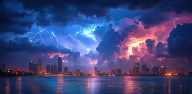 Blue lightning bolts illuminate a nighttime city skyline with reflections across dark water during a thunderstorm.