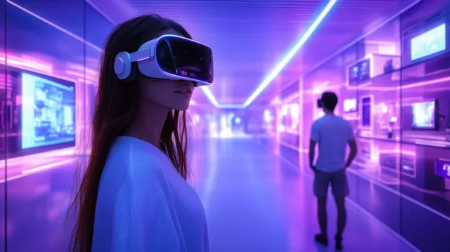 A person wearing a VR headset stands in a purple and blue neon corridor while another walks ahead.