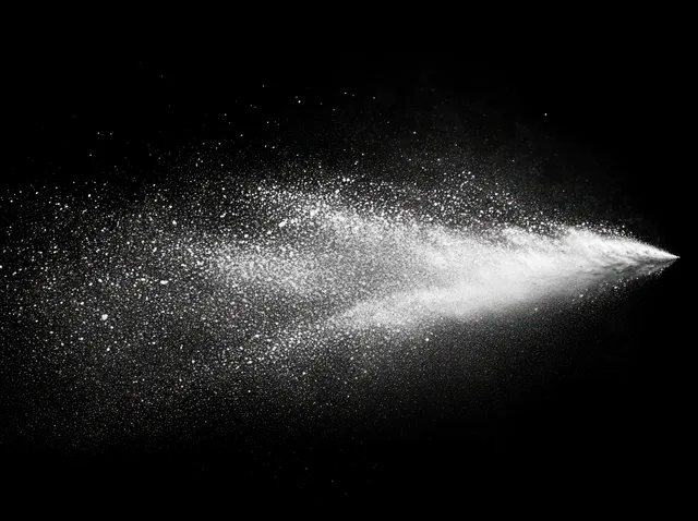 Black and white spray mist forming water droplet texture against dark background