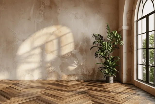 Sunlight from an arched window casts shadows over a wooden herringbone floor next to a potted plant.