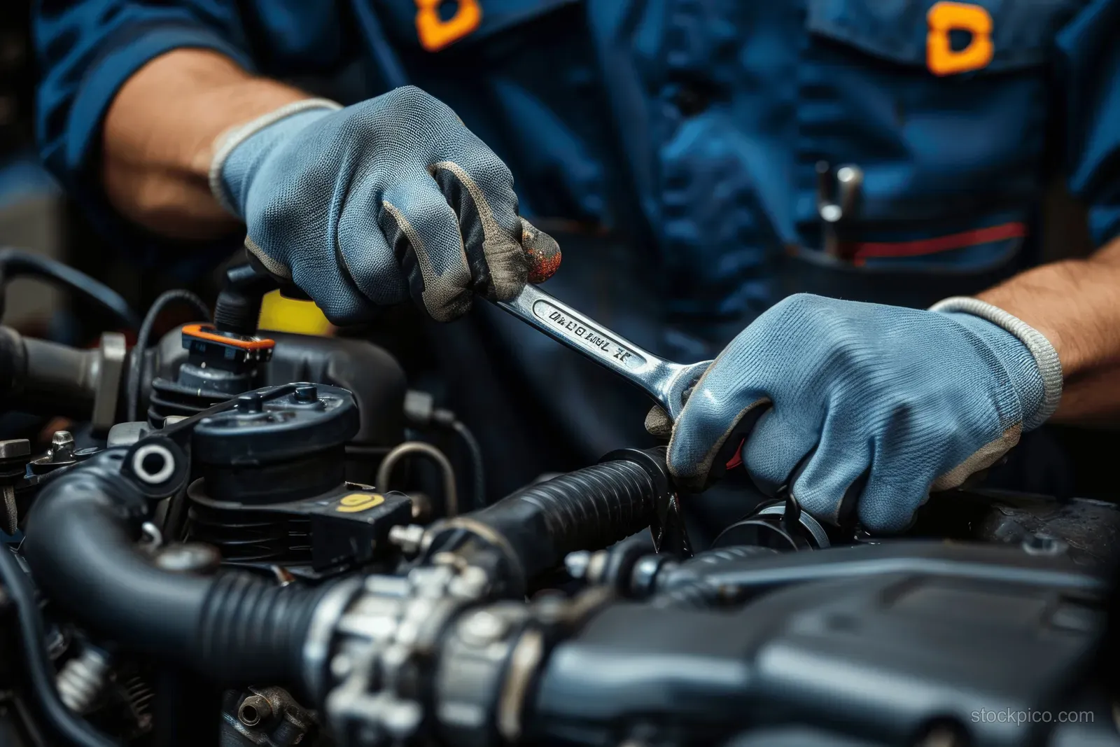 Gloved mechanic hands tighten a wrench on a car engine under the open hood in a garage workshop.