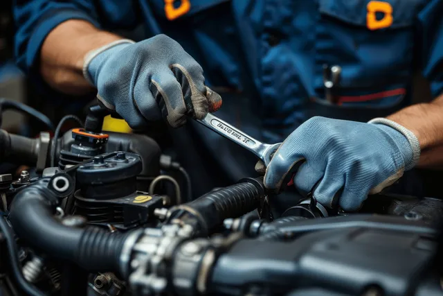 Gloved mechanic hands tighten a wrench on a car engine under the open hood in a garage workshop.