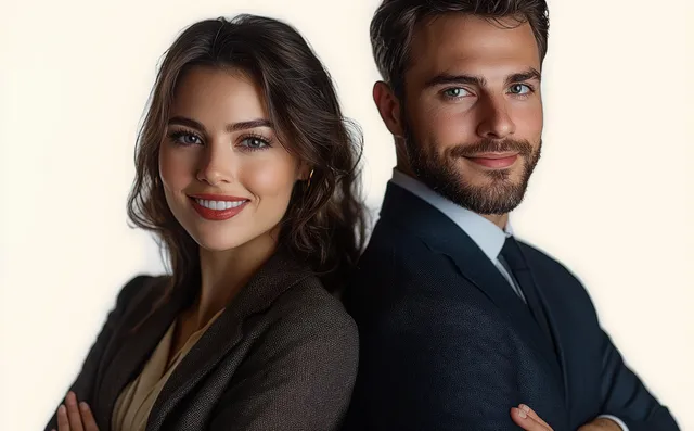 Smiling business man and woman stand back to back in suits against a light studio background.