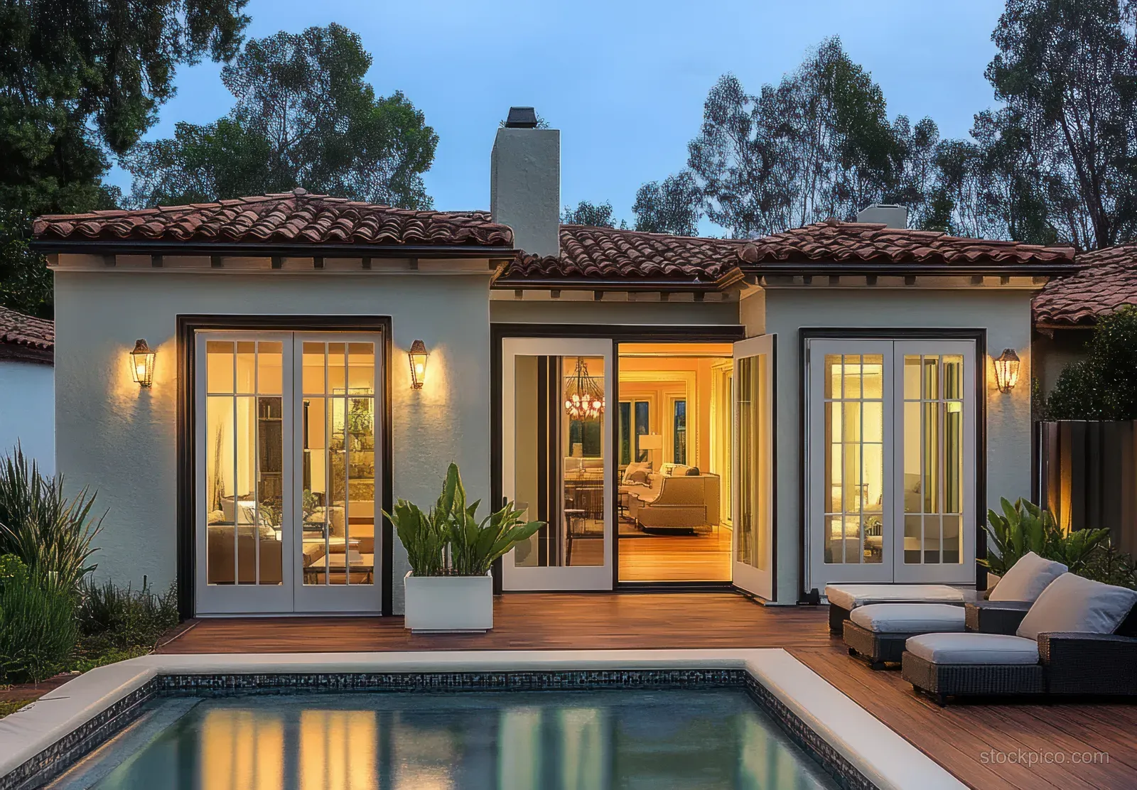 A single-story house at dusk with glass doors opening to a wooden deck and lounge chairs by a lit swimming pool.
