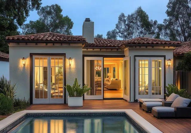 A single-story house at dusk with glass doors opening to a wooden deck and lounge chairs by a lit swimming pool.
